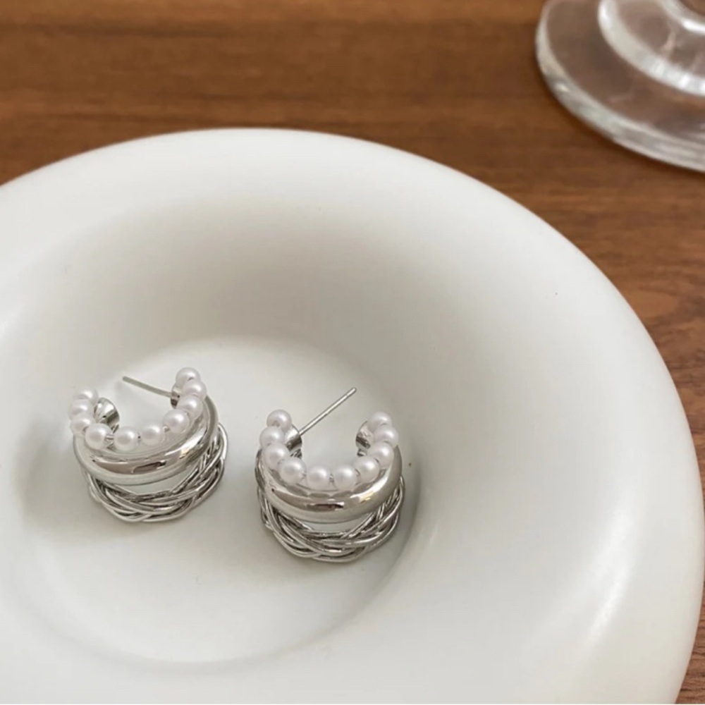 Pearl-Accent Silver Hoop Earrings